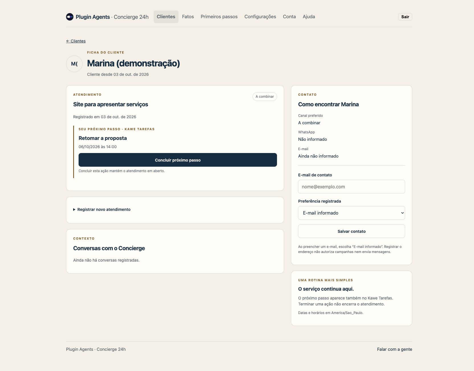 Ficha real de demonstração: Marina, pedido de site e próximo passo Retomar a proposta.