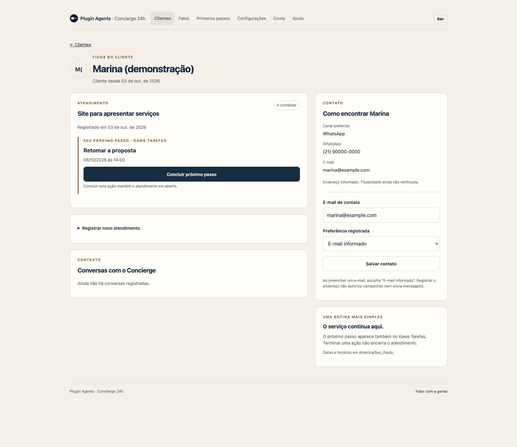 Kawe Clientes: ficha de Marina, atendimento Site para apresentar serviços e próximo passo Retomar a proposta, vinculado ao Kawe Tarefas.