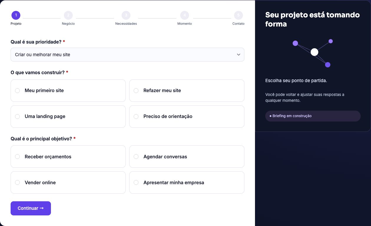 Interface real do briefing KaweLabs, com escolha de serviço e resumo do projeto.